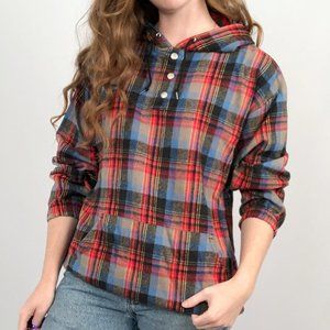 Vintage 90's Skater Plaid Shacket Hoodie Sweatshirt Grunge Pouch Pocket Buttons